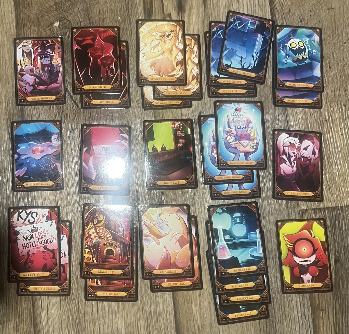 Westbroo6Keaton's tweet photo. I’m still waiting for some fantastic Hazbin Hotel fans to trade for the cards I want. I want to trade for cards 2, 3, 12, 14, 23, 28, 30, 51, 55, 56, 59 and 60 plus the 6 secret rare cards. If you’re interested to trade/sell with me, DM me. #HazbinHotel #TradingCards #CardTrade https://t.co/AV1muQKaK7