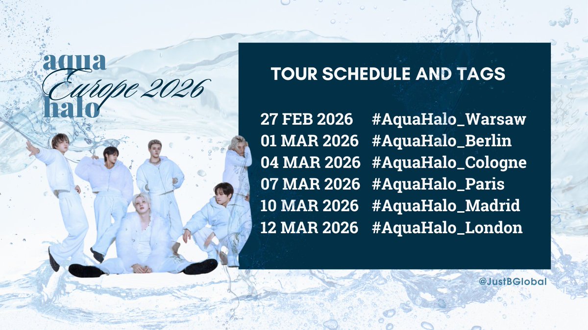 JustBGlobal's tweet photo. 📢ATTENTION ONLYB📢

JUSTB’s “Aqua Halo” tour 
kicks off this weekend!

Let’s show them our love as they embark on 
their first-ever European tour!

#JUSTB #AquaHalo 
#KpopInEurope
@JUSTB_Official @JUSTB_twt https://t.co/H8SSiUVSiG