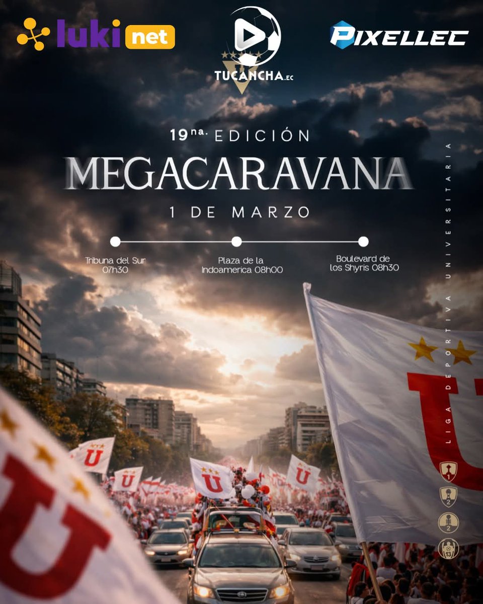 ¡Se viene la #19 edición de la Megacaravana de Liga! 🥳
Este domingo, los hinchas se unirán para acompañar a LDU al estadio contra Macará.
Transporte gratuito 🚐 desde tres puntos:
📍 Tribuna del Sur – 07h30
📍 Plaza de la Indoamérica – 08h00
📍 Boulevard de los Shyris – 08h30