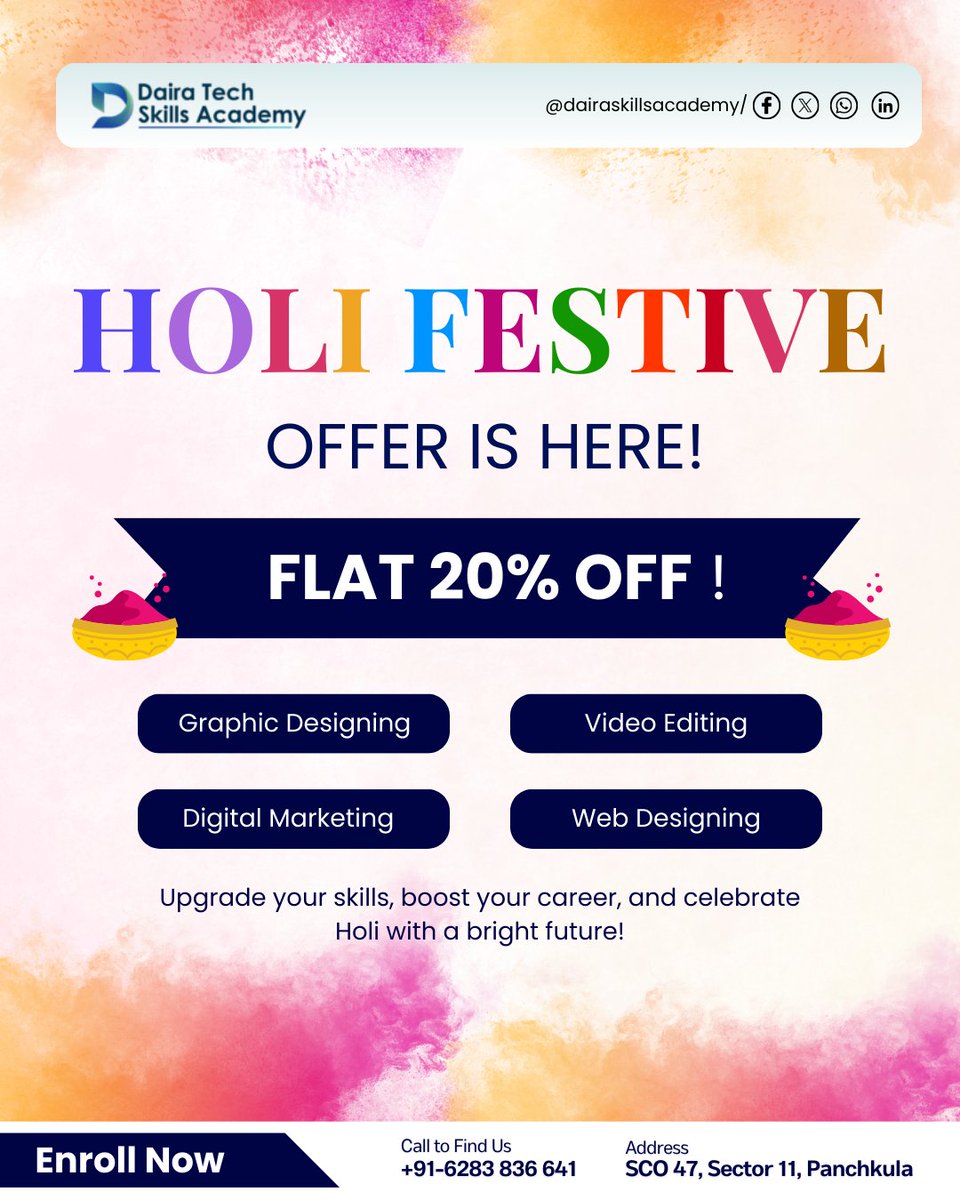 DairaTech's tweet photo. “This Holi, Color Your Future with Digital Skills!” 🌈
Graphic Designing | Video Editing | Digital Marketing | Banner Creation

#dairatechskillsacademy #videoeditingcourse #digitalmarketingcourse #learngraphicdesign #learnwebdesign https://t.co/JDxmXBxEmu