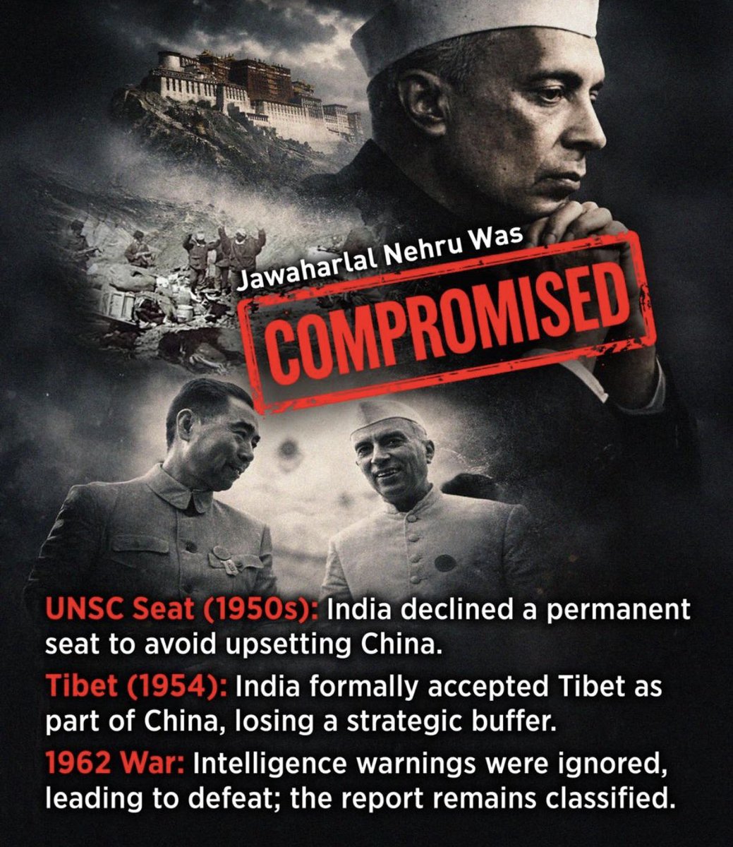 PCMohanMP's tweet image. In the 1950s, Nehru declined India’s chance at a permanent UNSC seat, signed the 1954 Panchsheel Agreement conceding Tibet, and overlooked intelligence warnings about China’s Aksai Chin road. By 1962, India faced invasion and territorial loss. #CompromisedCongress