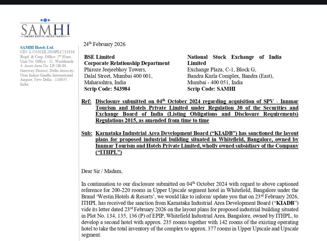 nid_rockz's tweet photo. Samhi Hotels 
#Samhi
#SamhiHotels

Signed operating agreement with Marriott Hotels fro
Westin -350 rooms
Fairfield -350 rooms

Received sanction from Karnataka Industrial Area Development Board, Bengaluru to develop 2nd hotel with 235 rooms and 142 rooms existing taking total to 377 rooms