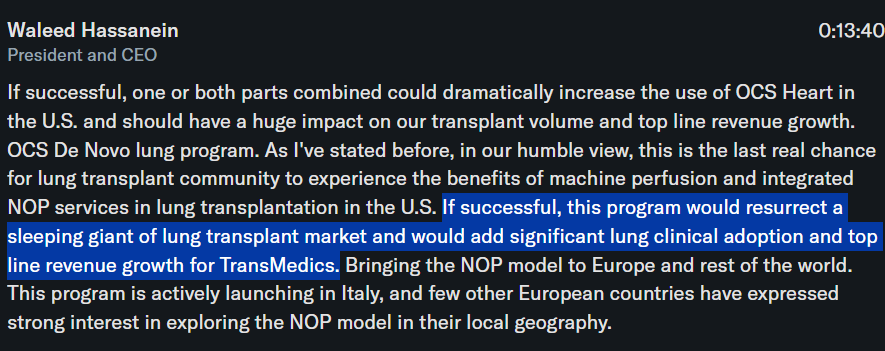 Impressive earnings from $TMDX, expected nothing less from Waheed!

- Multiple pipeline catalysts inc. ENHANCE heart programs, de-novo lung initiatives, OCS Kidney development
- Lung transplant is gonna be a banger, in Waleed's words (see picture below)
- NOP model launched