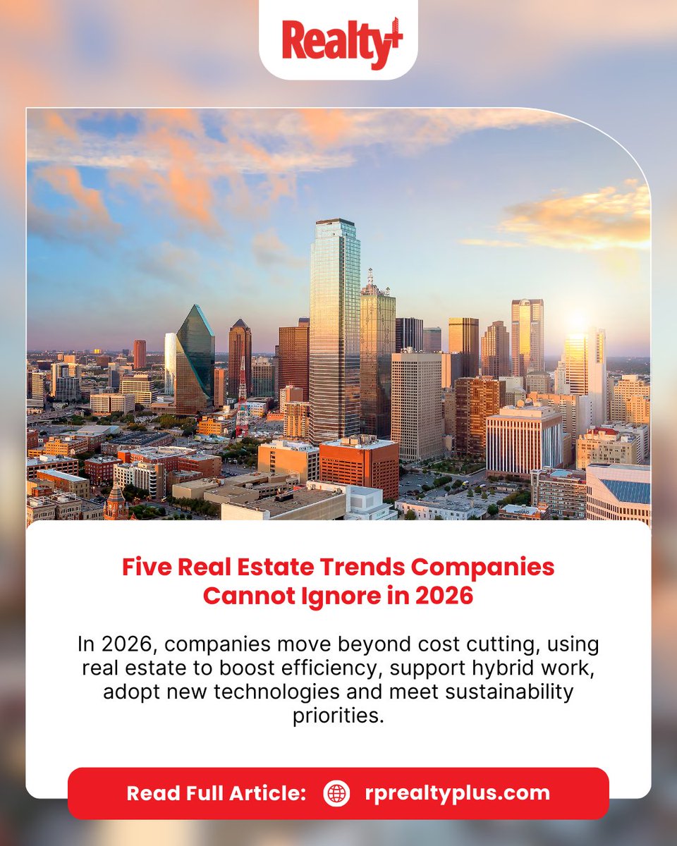 RPRealtyPlus's tweet photo. As 2026 unfolds, corporates are moving beyond cost-cutting to use real estate as a strategic lever for growth, efficiency and resilience.

Read full story here: https://t.co/6A6JzRX0uU

#RealEstateTrends #HybridWork #Sustainability #CorporateStrategy #PropTech #WorkplaceEvolution https://t.co/tVav0VCfOZ