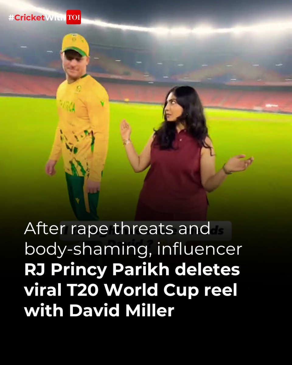 timesofindia's tweet photo. After #India’s heavy loss to #SouthAfrica in the #T20WorldCup2026, a video posted by social media influencer RJ #PrincyParikh with South African batter #DavidMiller went viral.
Read here 🔗https://t.co/qetc9NYuM4 https://t.co/jKehb3n4fv