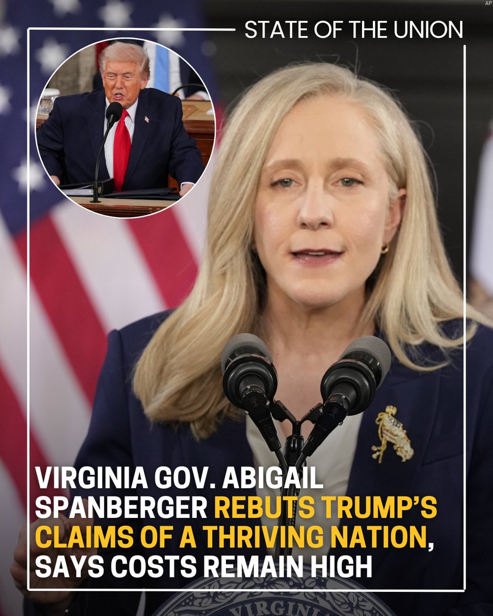 KFYRTV's tweet photo. Virginia Gov. Abigail Spanberger rebuts Pres. Trump’s claims of a thriving nation, says costs remain high; FULL STORY: https://t.co/0p81mTFqoL https://t.co/U2IvD6NZj4