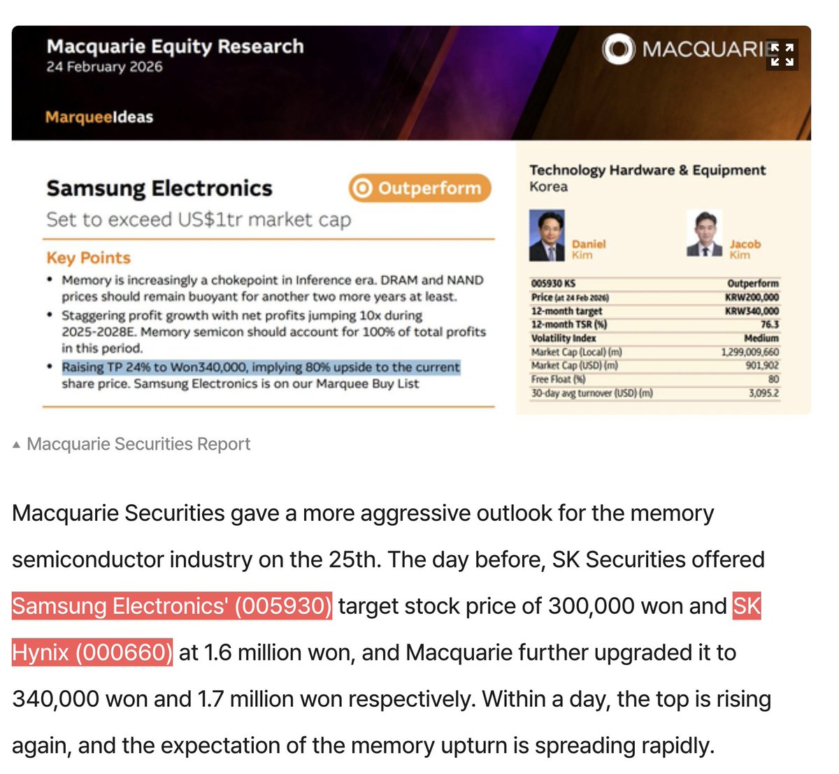 My mind is blown on Samsung and Sk Hynix projections - $EWY?

Macquarie projects Samsung Electronics to make: 

FY2026: ~$210.8 billion USD (+73% increase from prior KRW 172.1 trillion)
FY2027: ~$333.7 billion USD (+82% from KRW 260.1 trillion)

Sk Hynix:

FY2026: ~$190.5 billion