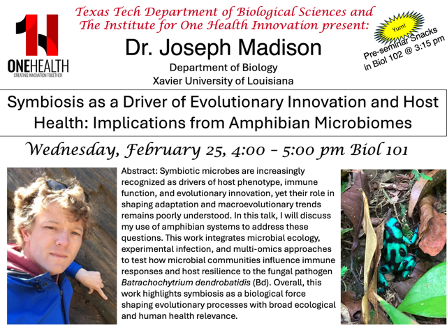 TTUBiologists's tweet photo. Please join us WEDNESDAY February 25 for the Biological Sciences Seminar. 

The seminar will be from 4:00-5:00 pm in Biol 101.

Please join is for the mixer with snacks starting at 3:15 in Biol 102.
Zoom:
https://t.co/qKKC2eNa9R

Meeting ID: 964 0834 3549
Passcode: 570544 https://t.co/ESSemUuLmn