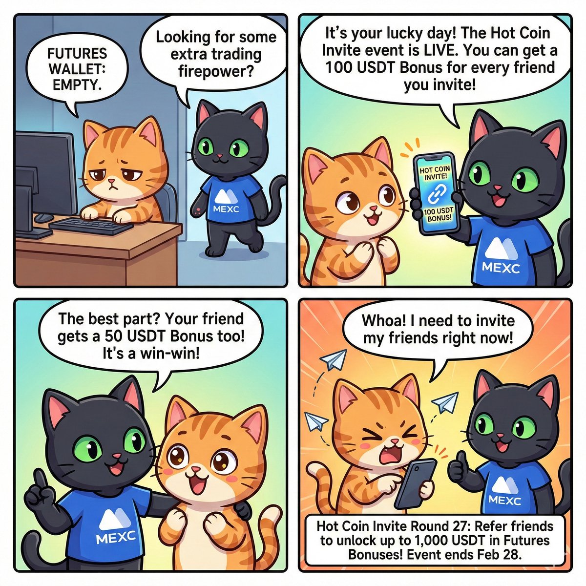 #MEXCCat Earn 100 $USDT for every friend you invite.📩👯‍♀️💰

🔓Unlock up to 1000 $USDT in Futures Bonuses mexc.com/invite/hot-coi…

⚠️Hurry, event ends on Feb. 28th!⚠️

#MEXCCat 🐈‍⬛ #MEXC 🐈‍⬛ #MEXCScam 🐈‍⬛ #BoycottMEXC 🐈‍⬛ #CancelMEXC