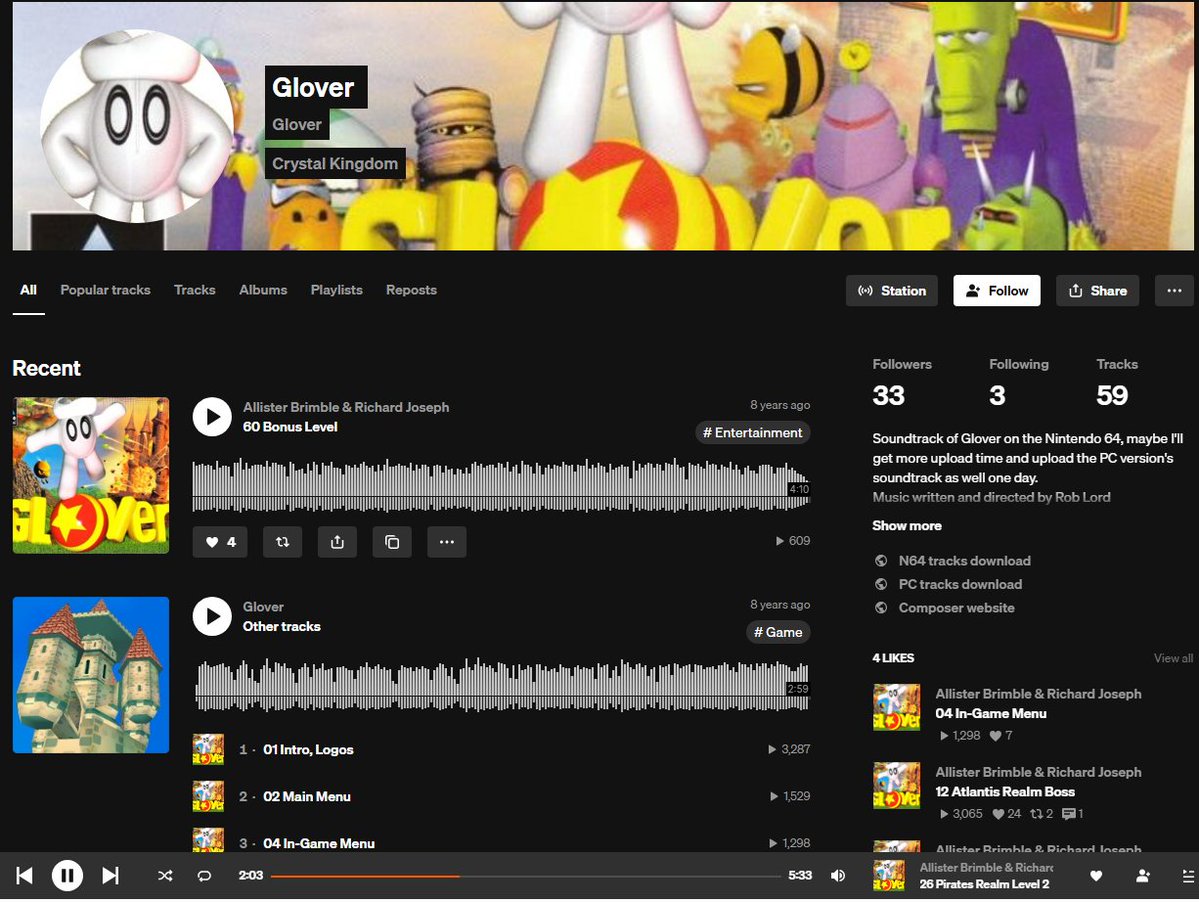 that time I was hyperfixated on Glover and made a whole Soundcloud alt to upload the entire soundtrack on