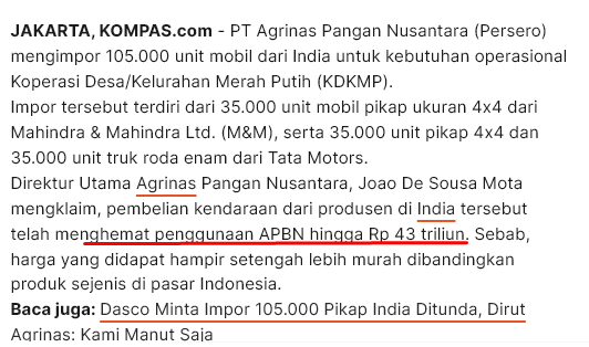 Ini yang edan siapa ya?

Semua keterangan Dirut Agrinas ini bermasalah. Puasa-puasa, memancing kemarahan publik. Belum belajar dari kasus Agustus tahun lalu kah?

- Apa kaitannya Impor Mobil yang dilakukan Agrinas dengan penghematan APBN? Apa pakai APBN untuk impor-nya? Kalau