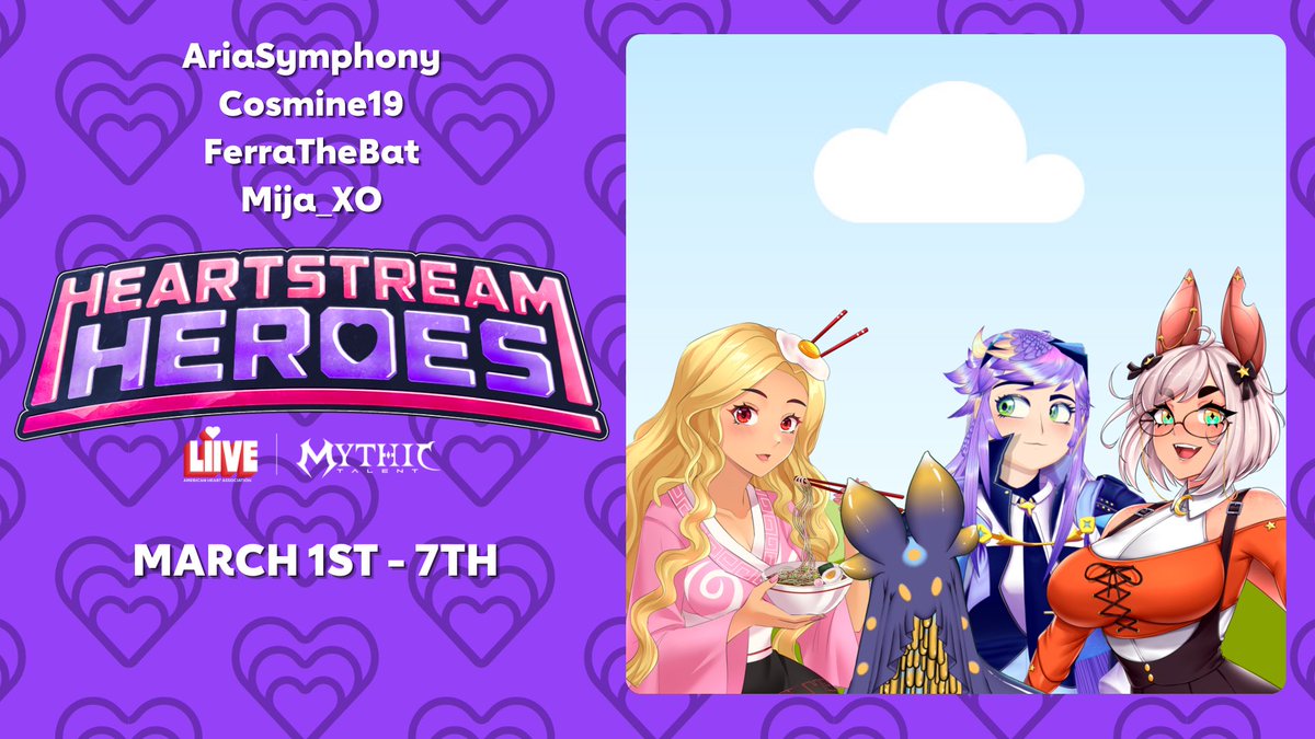 FerraTheBat's tweet photo. Join the Epic Gamers team for this year’s Heartstream Heroes charity campaign! 

From March 1st - 7th, @AriaSymphony_, @Cosmine19, @Mija_XOX, and I will be raising money to support the American Heart Association! This year’s goal is $2000! Incentives in the replies ❤️ https://t.co/rUNE2trFrK