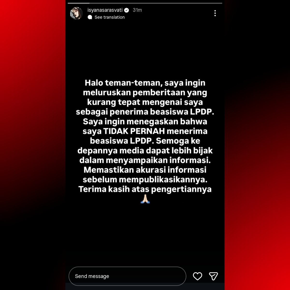 Isyana Sarasvati shuts down reports that she's an LPDP awardee.