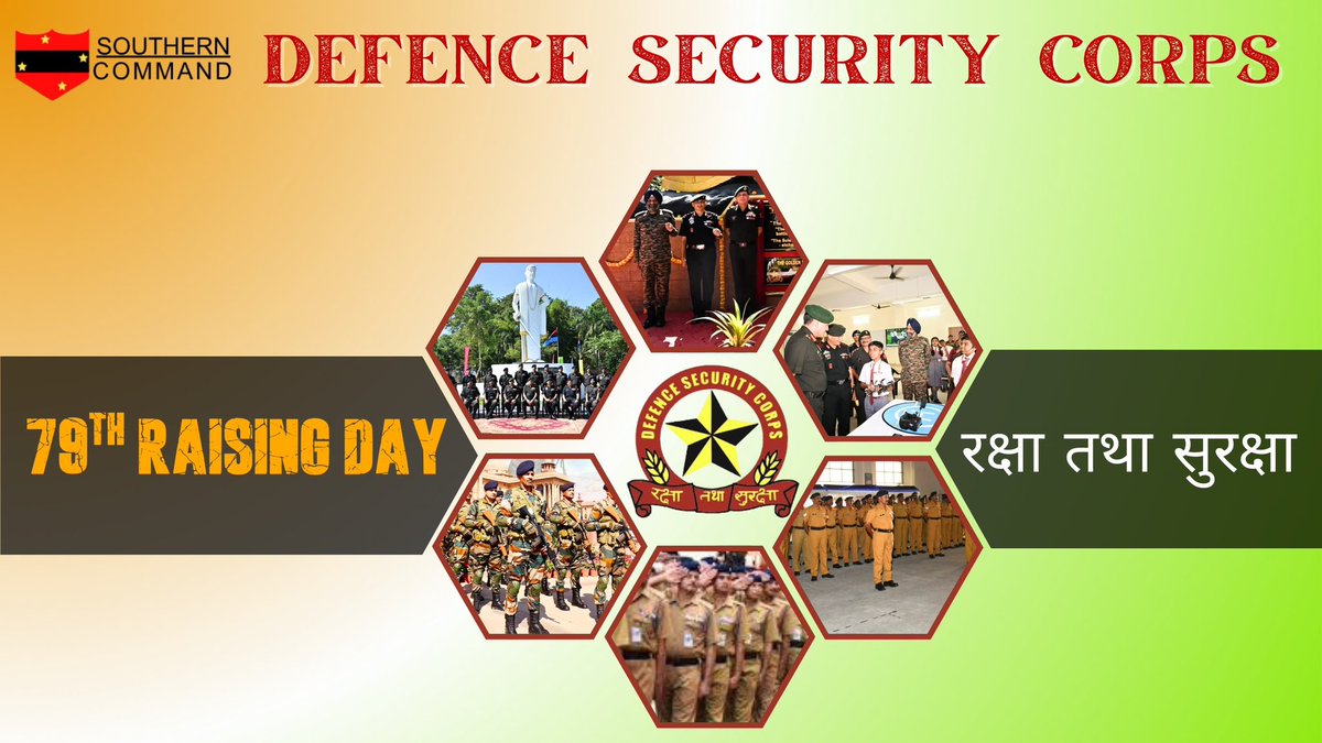 IaSouthern's tweet image. “रक्षा तथा सुरक्षा”

Lt Gen Dhiraj Seth PVSM,UYSM, AVSM, General Officer Commanding -in- Chief and All Ranks of #SouthernCommand convey best wishes to All Ranks, Veterans &amp;amp; Families of the Defence Security (#DSC) Corps on the occasion of 79th Raising Day.

#IndianArmy