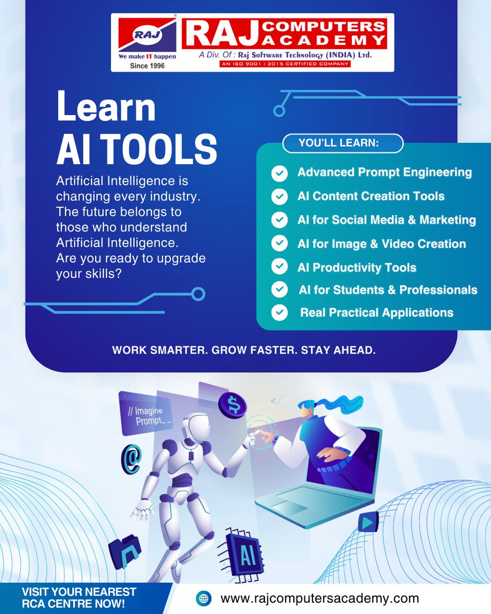 rstilindia's tweet photo. Don’t fear AI. Learn it. Master it. Use it. 🤖
The future belongs to those who understand Artificial Intelligence.

Join Raj Computers Academy
Become AI-Smart &amp; Career-Ready Today!

Get your FREE Career Counselling today - +91 98201 27177

#AITools2026 #aitoolscourse https://t.co/s3hLOOZXRJ