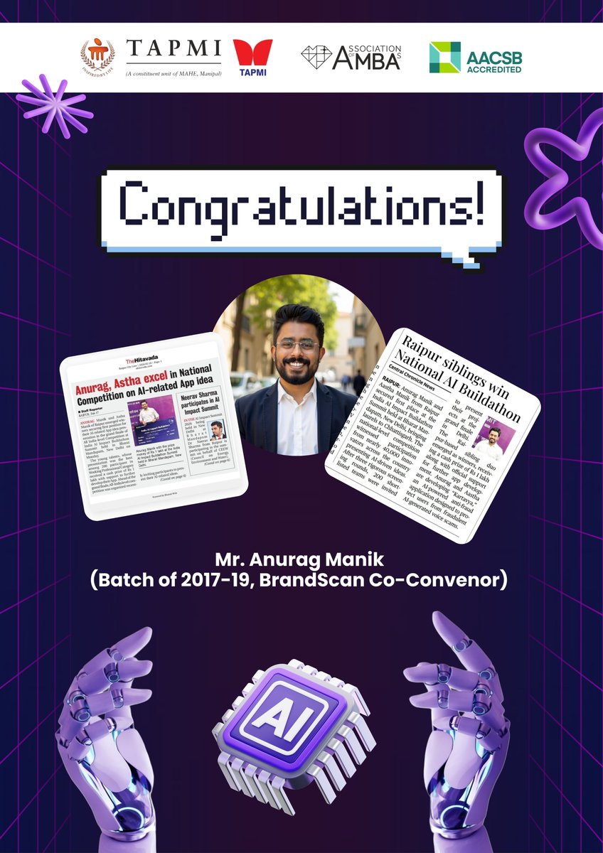 MyTAPMI's tweet photo. A Proud Moment for TAPMI!
Heartiest congratulations to Mr. Anurag Manik (Batch of 2017-19, BrandScan Co-Convenor) on securing 1st position among 40,000+ participants at the National Level AI Buildathon during the AI Impact Summit at Bharat Mandapam, New Delhi
#TAPMI #ProudMoment https://t.co/AofzRHKbcY