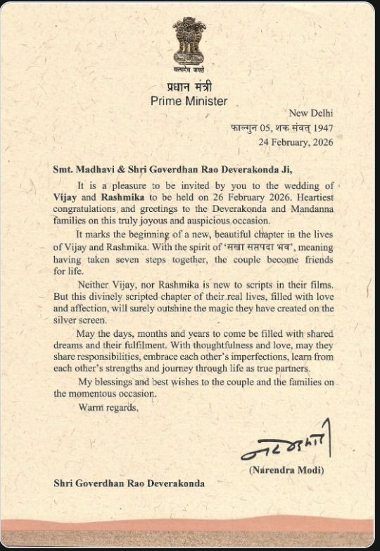 Hon’ble Prime Minister #NarendraModi has conveyed his heartfelt blessings and best wishes on the occasion of #VijayDeverakonda &amp; #RashmikaMandanna’s wedding.
A gracious message that adds great joy and honour to the families on this auspicious celebration. 🙏

#Virosh