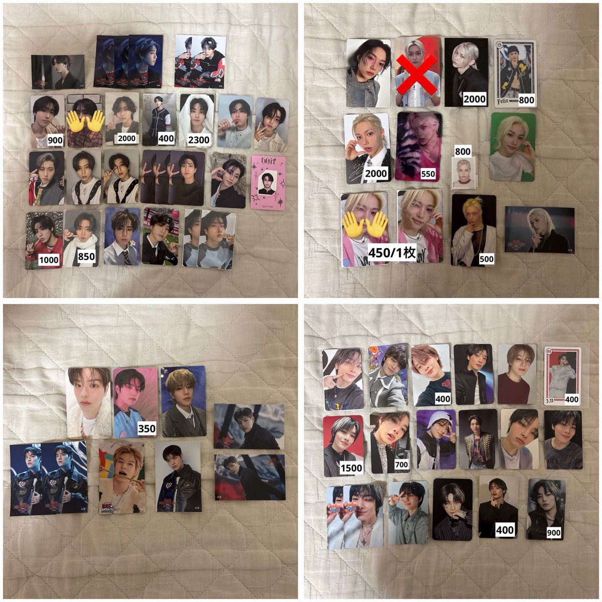 lk_520189's tweet photo. トレカお譲りします

お譲り内容は写真の通りです

金額未記載のものは300円/1枚
FCくじ（ステッカー）は4枚まで300円
以後1枚追加ごとに+50円

相場を見てお値段設してますが、
お値段交渉OKです！

お気軽にDM orリプください！

straykids skz  スキズ お譲り 買取 トレカ 封入 購入特典 https://t.co/1KzFbprcT9