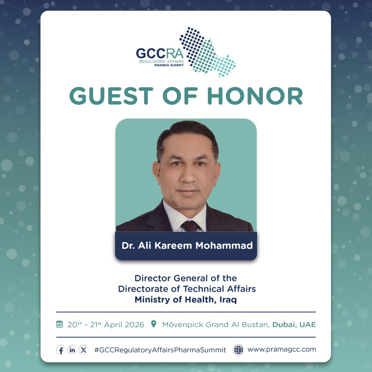 Joining us as a Guest of Honor at this year’s 11th edition of the #GCCRegulatoryAffairsSummit 2026 is Dr. Ali Kareem Mohammad, Director General of the Directorate of Technical Affairs, <a href="/MOHealth_Iraq/">Ministry of Health</a> .

For more information, please visit: pramagcc.com