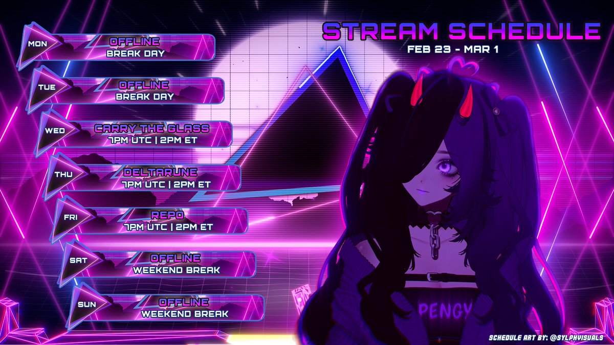 Pengy_VT's tweet photo. Stream schedule for Feb 23-Mar 01 ✨

Sorry for uploading this so late, but I think I'm finally out of this burnout, just in time for my next planned stream woohoo!

So we have a collab with @Light_Aster this Wednesday, we'll be playing Carry The Glass, then I'm continuing Deltarune on Thursday and then we have the usual REPO Friday!! Hope to see you all 💜

Credit for the VTuber model: @suiika___
Credit for the stream schedule graphic: @SylphVisuals

#VTuber #VtuberUprising #ENVTuber