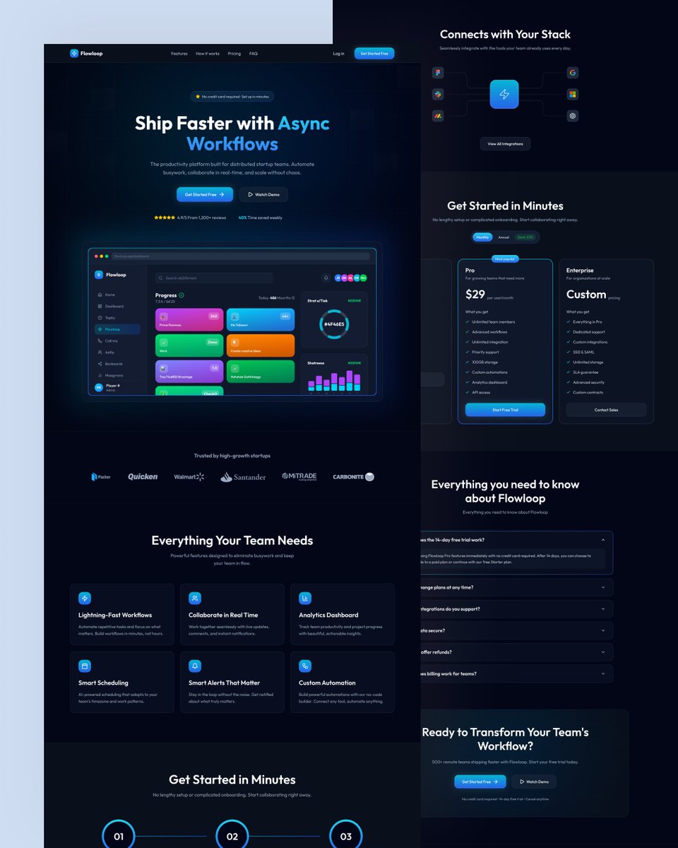 ShiponStudio's tweet photo. Designed a dark-mode SaaS landing page for Flowloop 
Clean UI. Clear hierarchy. Conversion-focused.

Built in Figma with a mini design system + responsive layout.

#UIUX  #SaaSDesign #LandingPageDesign #Figma #UIDesign #UXDesign #WebDesign #DesignSystem #StartupDesign https://t.co/Ooeje3BKUQ