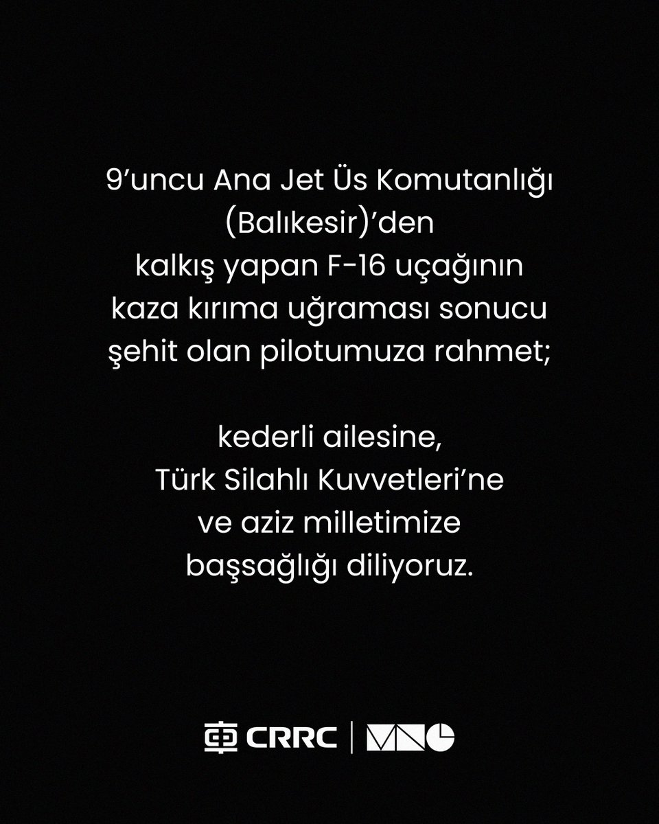 9’uncu Ana Jet Üs Komutanlığı’ndan kalkış yapan F-16 uçağının kazasında şehit olan pilotumuza rahmet; ailesine, Türk Silahlı Kuvvetleri’ne ve milletimize başsağlığı diliyoruz.
We extend our sincere condolences to the pilot’s family, the Turkish Armed Forces, and the nation.