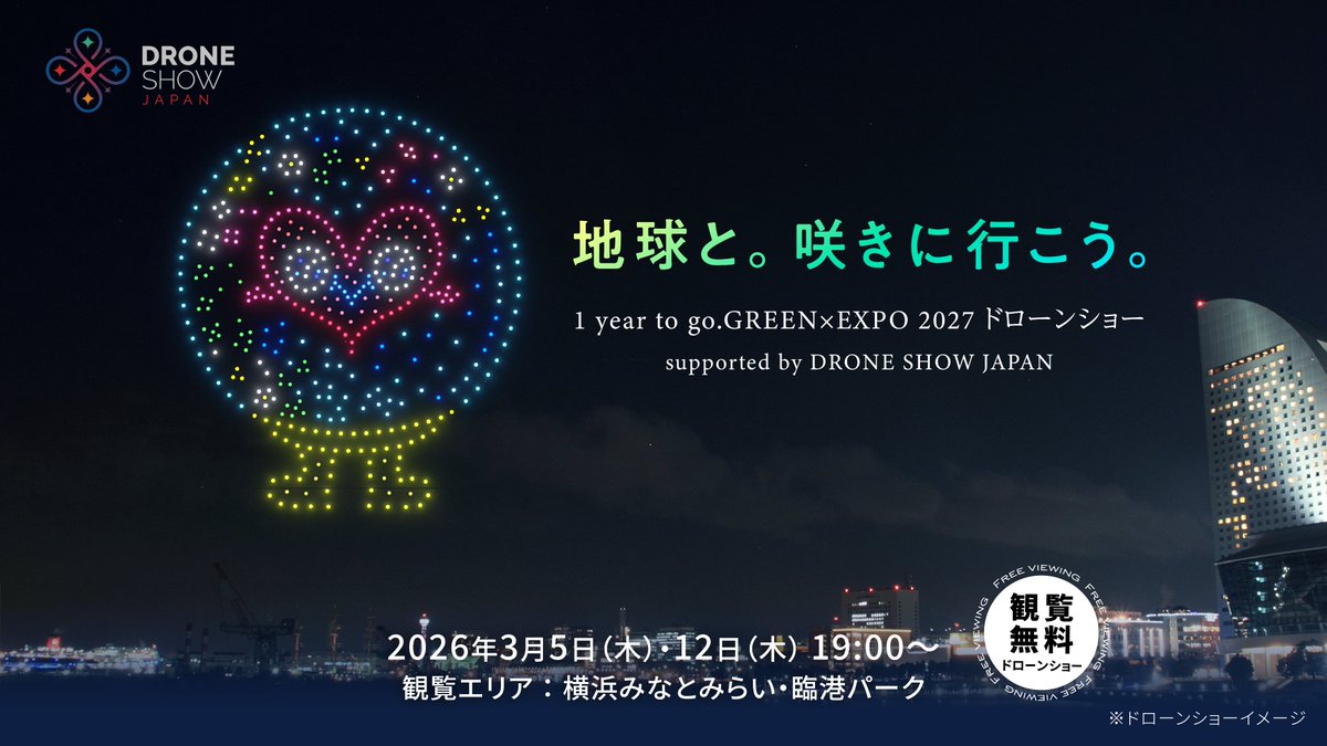 droneshowjp's tweet photo. ２０２７年国際園芸博覧会開幕１年を前にドローンショー開催‼️
公式マスコットキャラクター「トゥンクトゥンク」が初めて夜空に登場🙌
大阪・関西万博「ミャクミャク」との夢の共演も❣️

ドローンショー・ジャパンは、2027年3月19日に開幕する「GREEN×EXPO 2027（２０２７年国際園芸博覧会）」の1年前を記念し開催される、「地球と。咲きに行こう。1 year to go. GREEN×EXPO 2027 ドローンショー supported by DRONE SHOW JAPAN」に技術協力として参画し、3月5日(木)・3月12日(木)の2日間（19時開始予定）、横浜みなとみらい・臨港パークにてドローンショーを実施いたします。
ご観覧は無料です✨️

・主催
横浜市
・共催
公益社団法人２０２７年国際園芸博覧会協会、公益社団法人２０２５年日本国際博覧会協会
・技術協力
株式会社ドローンショー・ジャパン

詳細はイベント特設サイトをご確認ください。
https://t.co/UEGEG94ann

@expo2027_japan  #トゥンクトゥンク
@expo2025_japan  #ミャクミャク
#ドローンショー