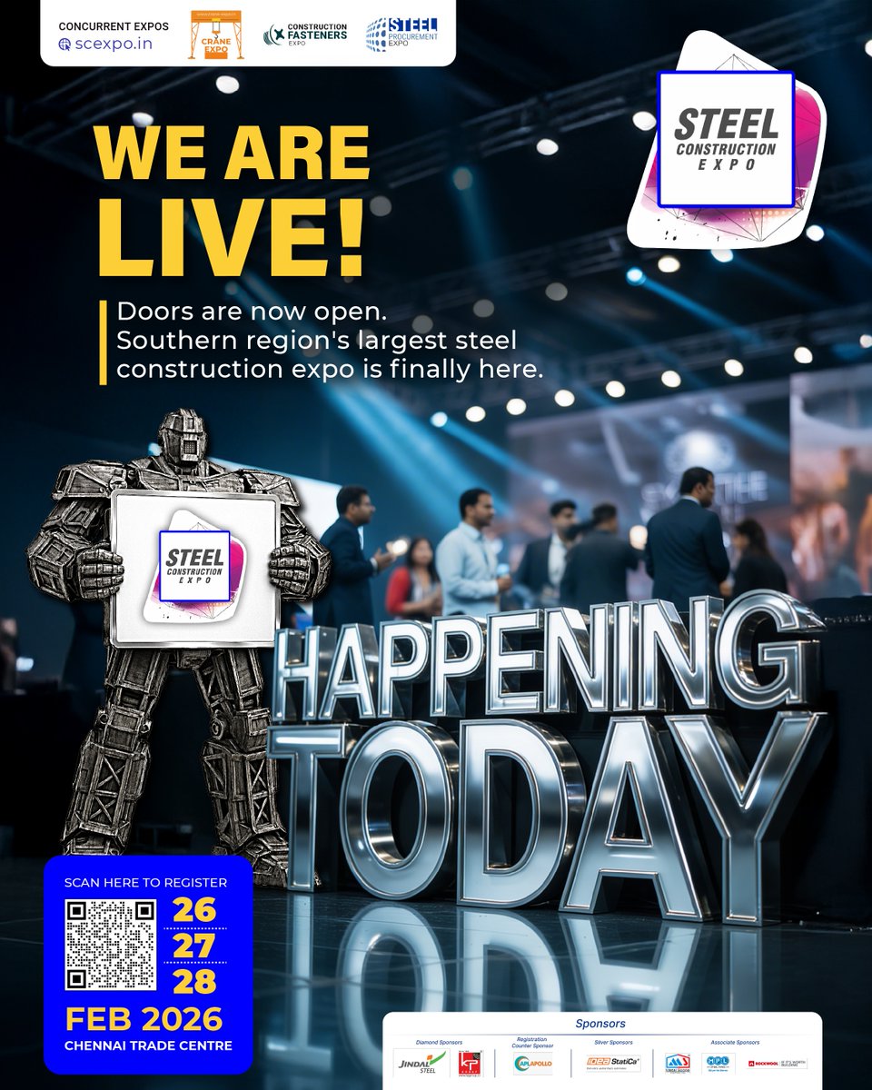 The gates are open! Join us today at the Chennai Trade Centre for the 6th Steel Construction Expo. 

Conference Delegate: register.scexpo.in/signup-delegate
 
Biggest Expo on Steel Construction in the Southern Region: scexpo.in/chennai-2026/
 
#SteelInnovation #ConstructionFuture