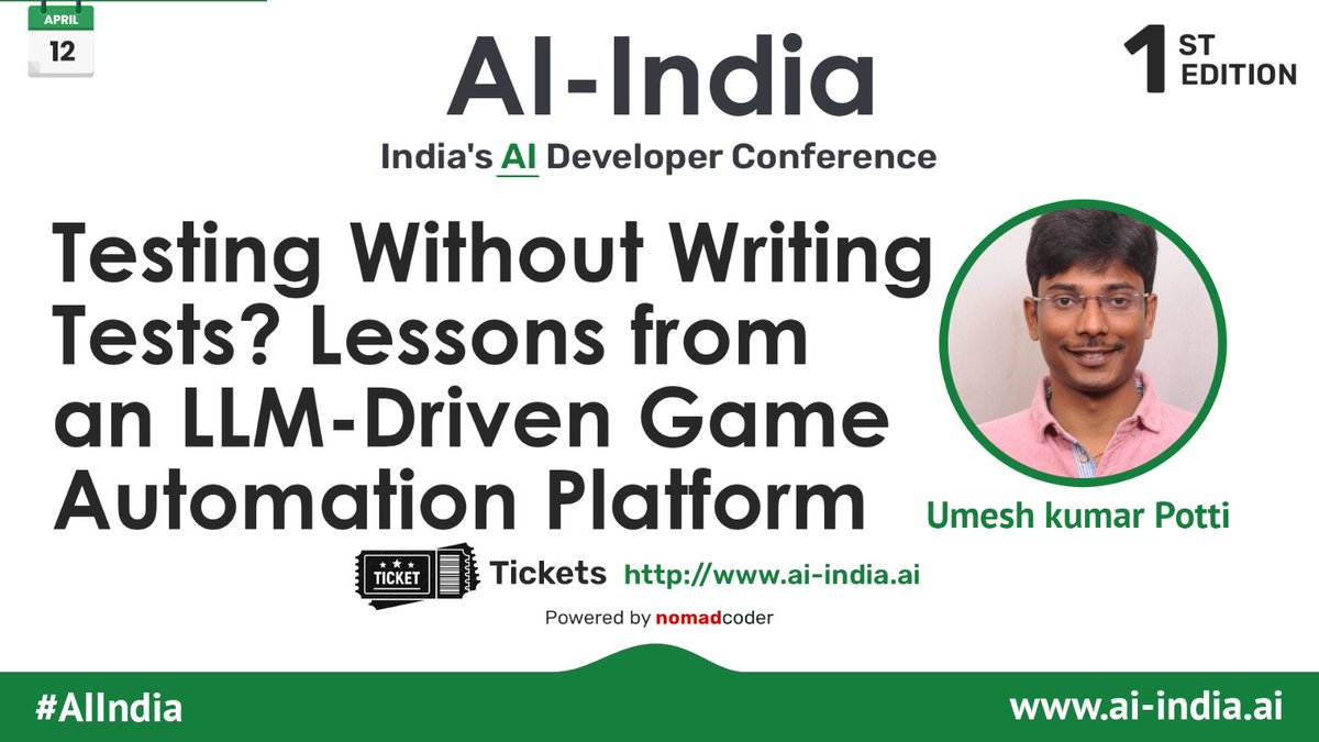 Using LLM, you can Test without Writing Test. Puzzling ? To learn it, join Umesh kumar Potti , Head of Engineering Entain India in his in  talk #AIIndia on -

Testing Without Writing Tests? Lessons from an LLM-Driven Game Automation Platform 🔥

Join  AI-India, India's AI
