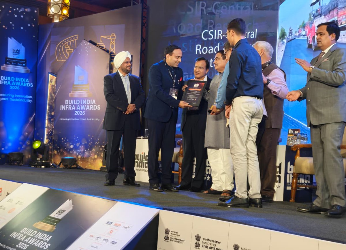 CSIRCRRI's tweet image. Proud moment @CSIRCRRI for winning #sustainable Material Innovation of the Year for #SteelSlag #Road Technology at the Build India Infra Awards 2026! 🏆 given away by the Hon.MoRTH Sh.Nitin Gadkari ji.
Congratulations to entire Team @CSIRCRRI 🎉 
#CSIR #SteelSlag 
#Innovation