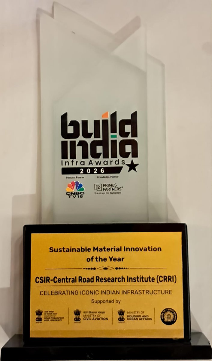 CSIRCRRI's tweet image. Proud moment @CSIRCRRI for winning #sustainable Material Innovation of the Year for #SteelSlag #Road Technology at the Build India Infra Awards 2026! 🏆 given away by the Hon.MoRTH Sh.Nitin Gadkari ji.
Congratulations to entire Team @CSIRCRRI 🎉 
#CSIR #SteelSlag 
#Innovation