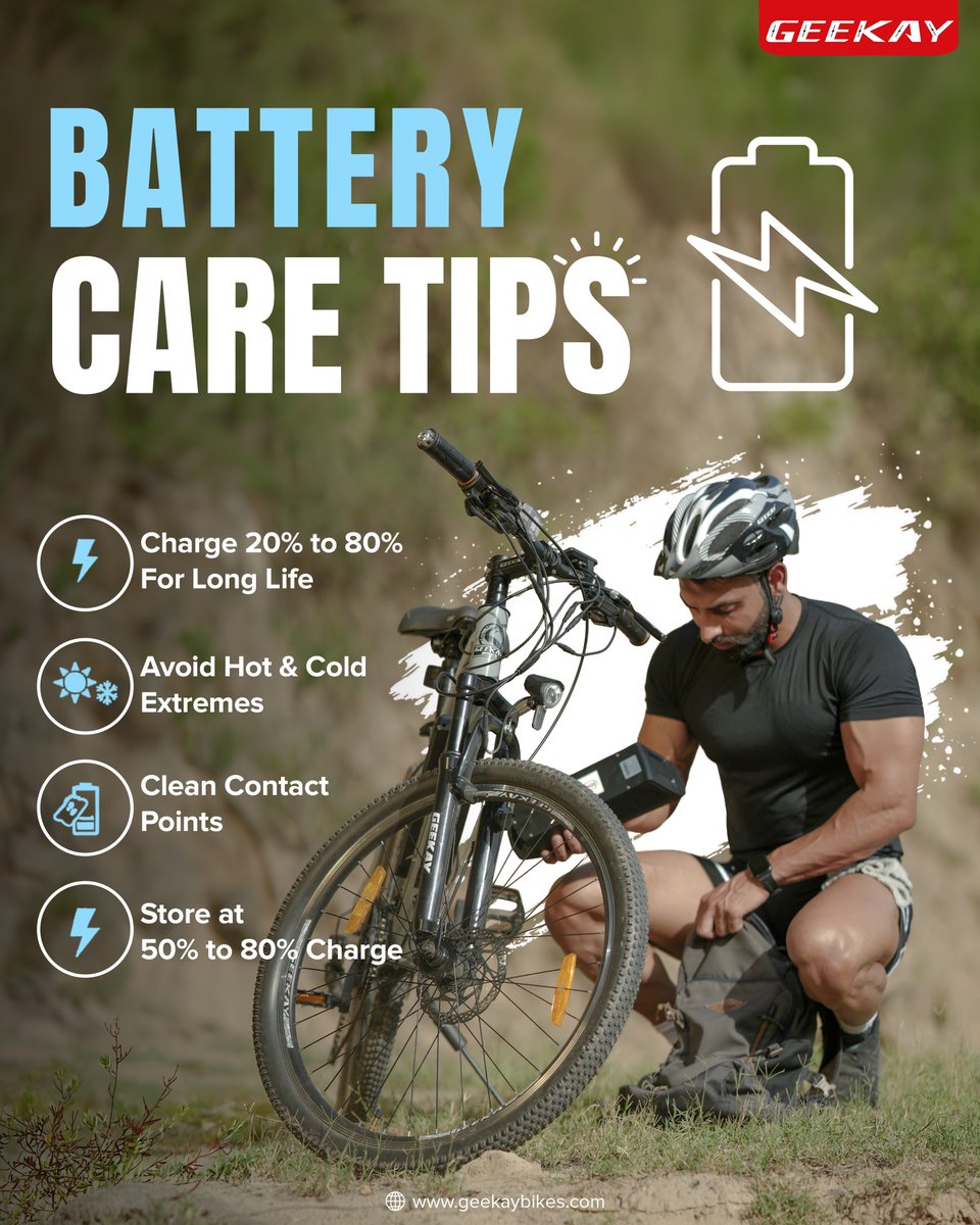 Your battery = Your power. 🔋⚡
Treat it right and it’ll take you miles ahead.
#BatteryCare #EBikeLife #RideMore #CyclingIndia #BikeTips #ElectricRide #SustainableLiving #GeekayBikes #CyclingCommunity #RideSmart #EcoFriendly