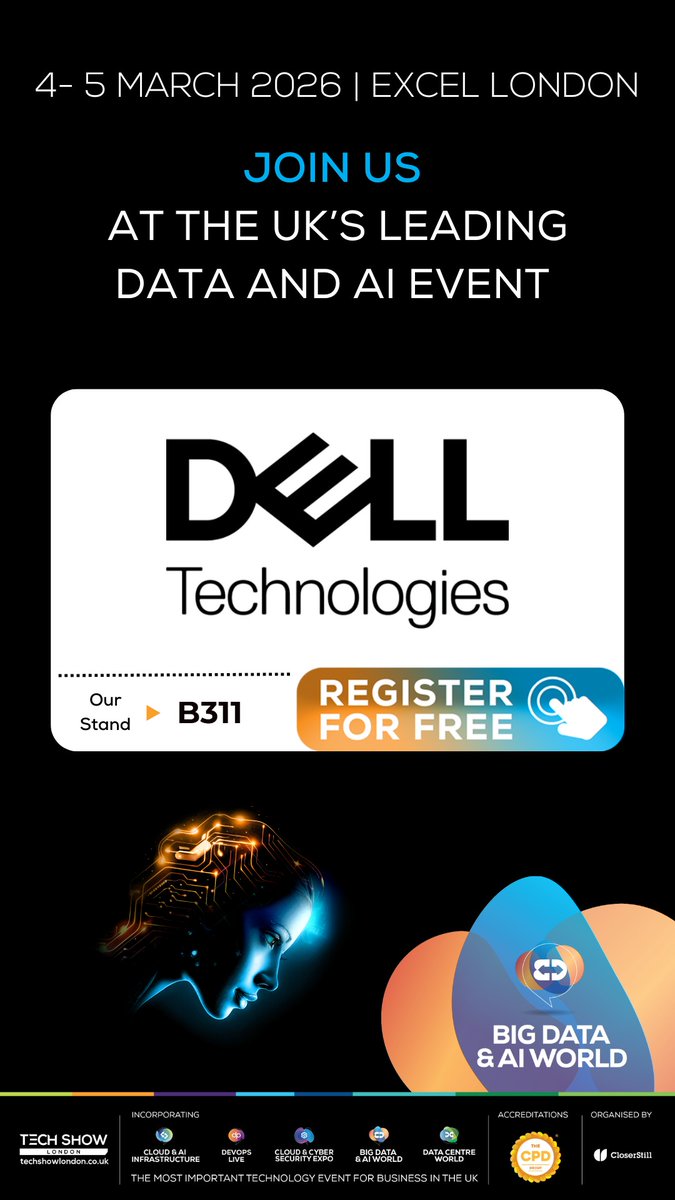 DellUK's tweet image. We're Platinum Sponsors of Big Data &amp;amp; AI World, part of Tech Show London. Taking place on 4-5 March 2026 at London's Excel, come and meet our experts to solve your technology challenges, in partnership with @AMD.  Register for free access.
del.ly/6010hUsCK #iwork4dell