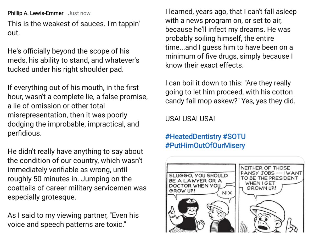 A #SOTU2026 composed of lies, misrepresentations, and empty promises.

Stopped counting the "like you've never seens," and the times #SpaceCadetBoneSpurs leaned on a #USMilitary he has never respected.

The drip-bag under his right shoulder pad must've been Adderall/donzepil.