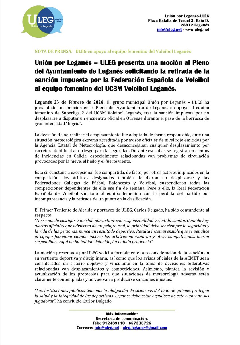 📰 Desde #ULEG sacamos una nota de prensa con la moción presentada para el Pleno del próximo jueves 26 de febrero solicitando la retirada de la sanción impuesta por la Federación Española de Voleibol al equipo femenino del UC3M Voleibol Leganés.