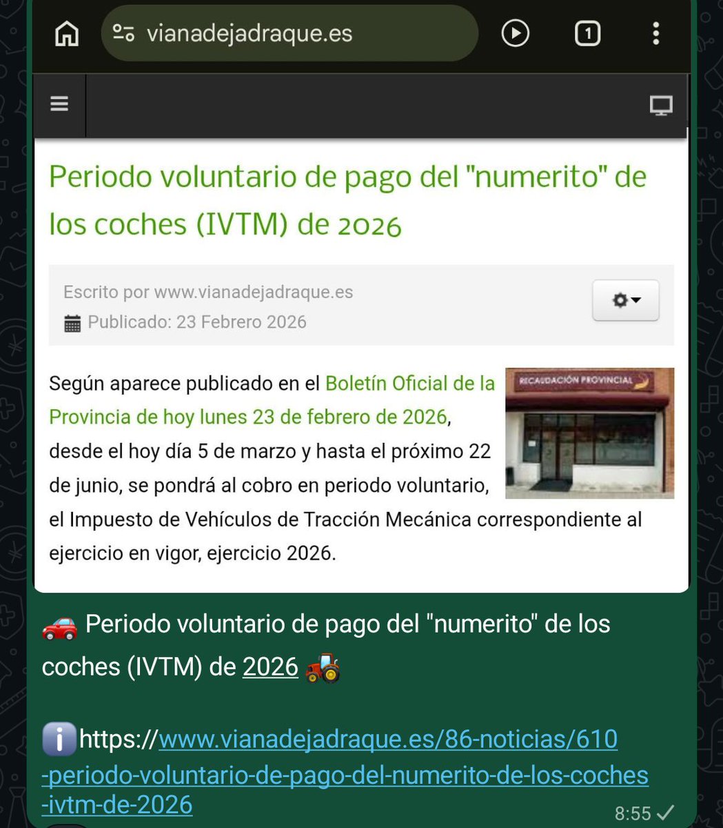 🚗 Periodo voluntario de pago del "numerito" de los coches (IVTM) de 2026 🚜

ℹ️vianadejadraque.es/86-noticias/61…