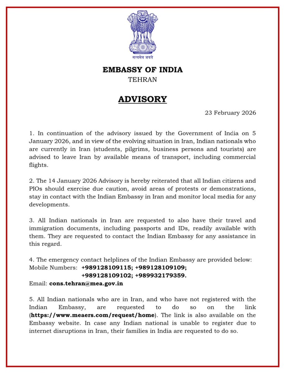 imSkrishnaaa's tweet photo. The Tehran-Washington situation appears to be escalating.

The Government of India has advised all Indian nationals in Iran to leave at the earliest, citing the rapidly evolving security environment. https://t.co/2S2igiv0zQ