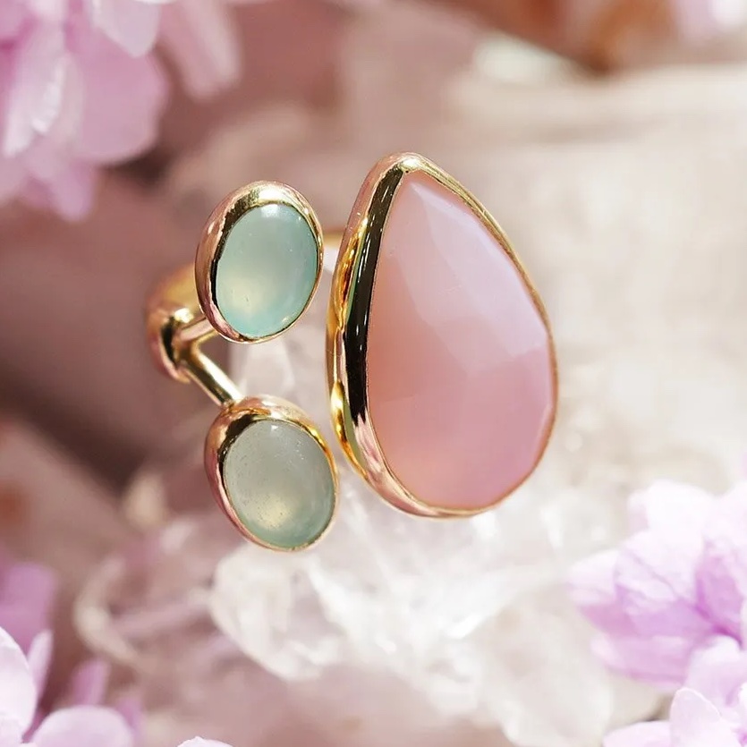 ピンクオパールとブルーカルセドニーの指輪（銀製・K22GF）- 海福雑貨