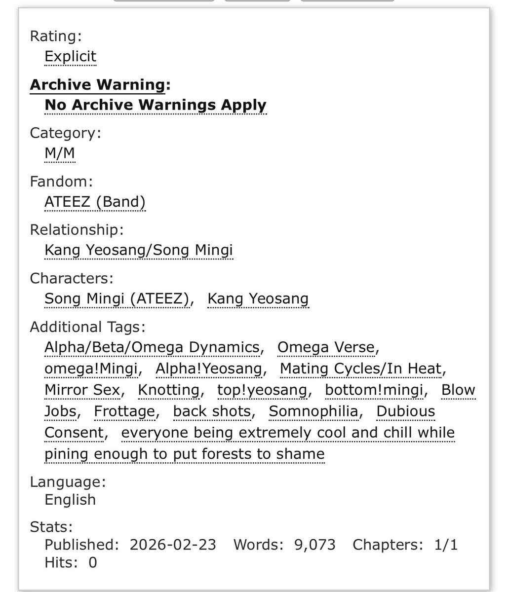 ✧ leap of proximity  

∙ mg/ys
∙ e, 9k, omega!mg/alpha!ys, ys helps mg through his heat, etc etc pining ensues 
∙ archiveofourown.org/works/78500196