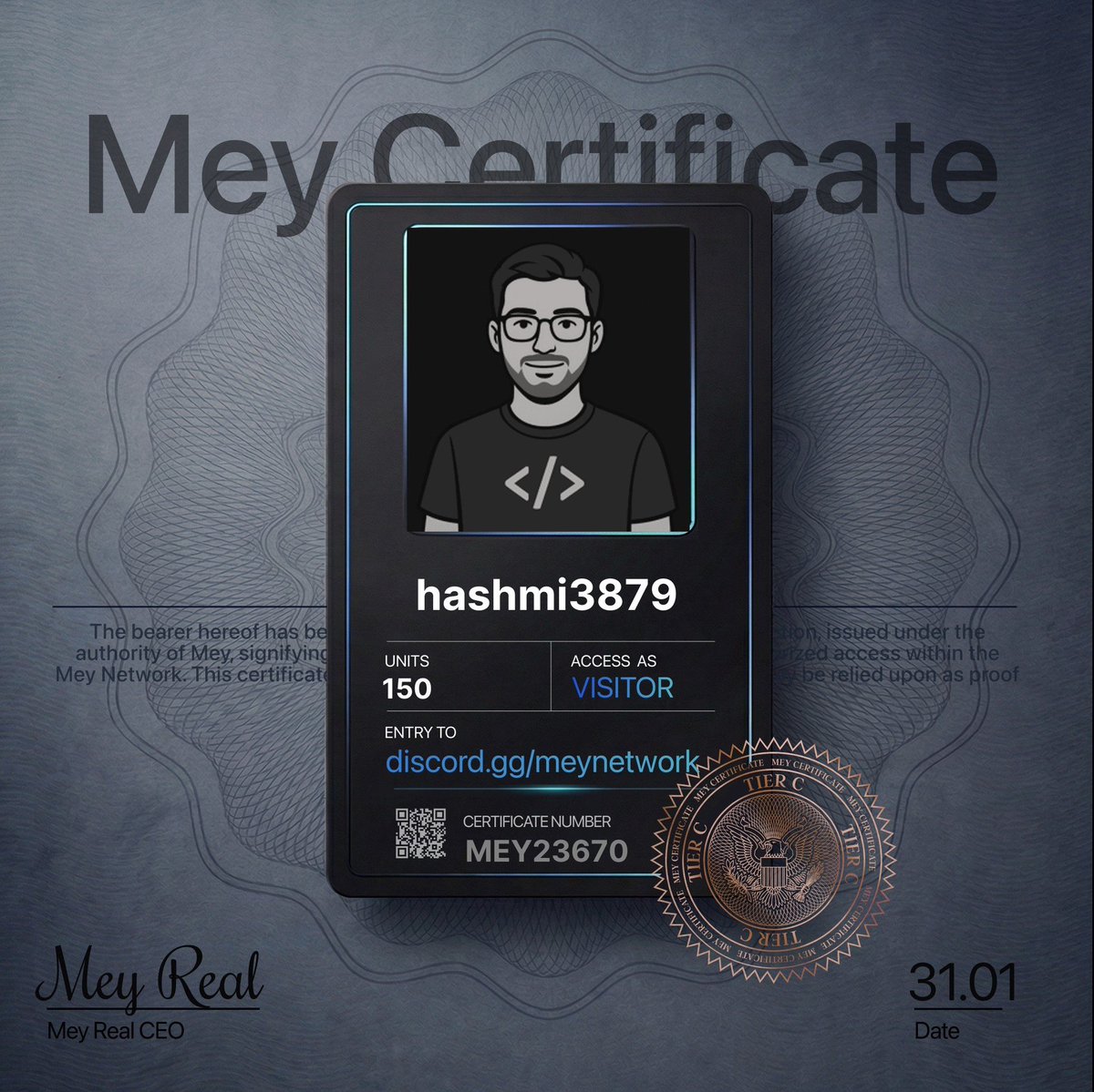 Got my **MEY Certificate** and unlocked access to MEY HQ.

Lowkey curious how rare my tier is.

What did you pull?

@mey_network → discord.gg/meynetwork