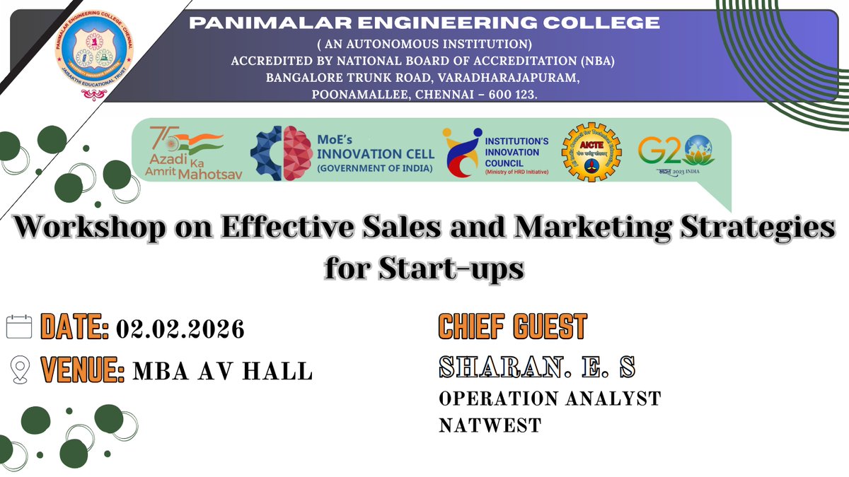 PanimalarC's tweet photo. Workshop on Effective Sales and Marketing Strategies for Start-ups on 02.02.2026
@AICTE_INDIA 
@EduMinOfIndia https://t.co/UjPpGF4j9K