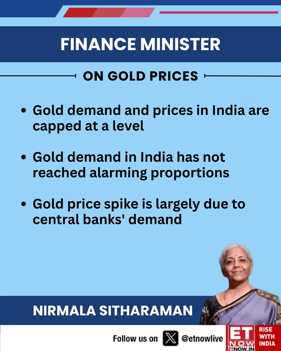 ETNOWlive's tweet image. Finance Minister Nirmala Sitharaman on gold prices says in India has not reached alarming proportions

#FM #Gold #Silver #CentralBank @FinMinIndia