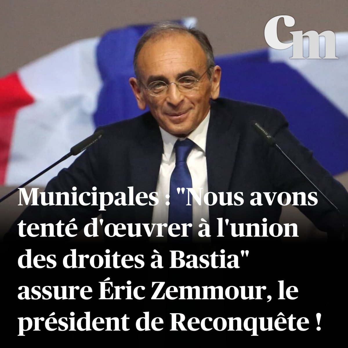 Corse_Matin's tweet photo. Municipales 2026 : "Nous avons tenté d'œuvrer à l'union des droites à Bastia", estime Éric Zemmour, le président de Reconquête!
➡️ https://t.co/mv01lN9xMT https://t.co/eGfS60kUsa
