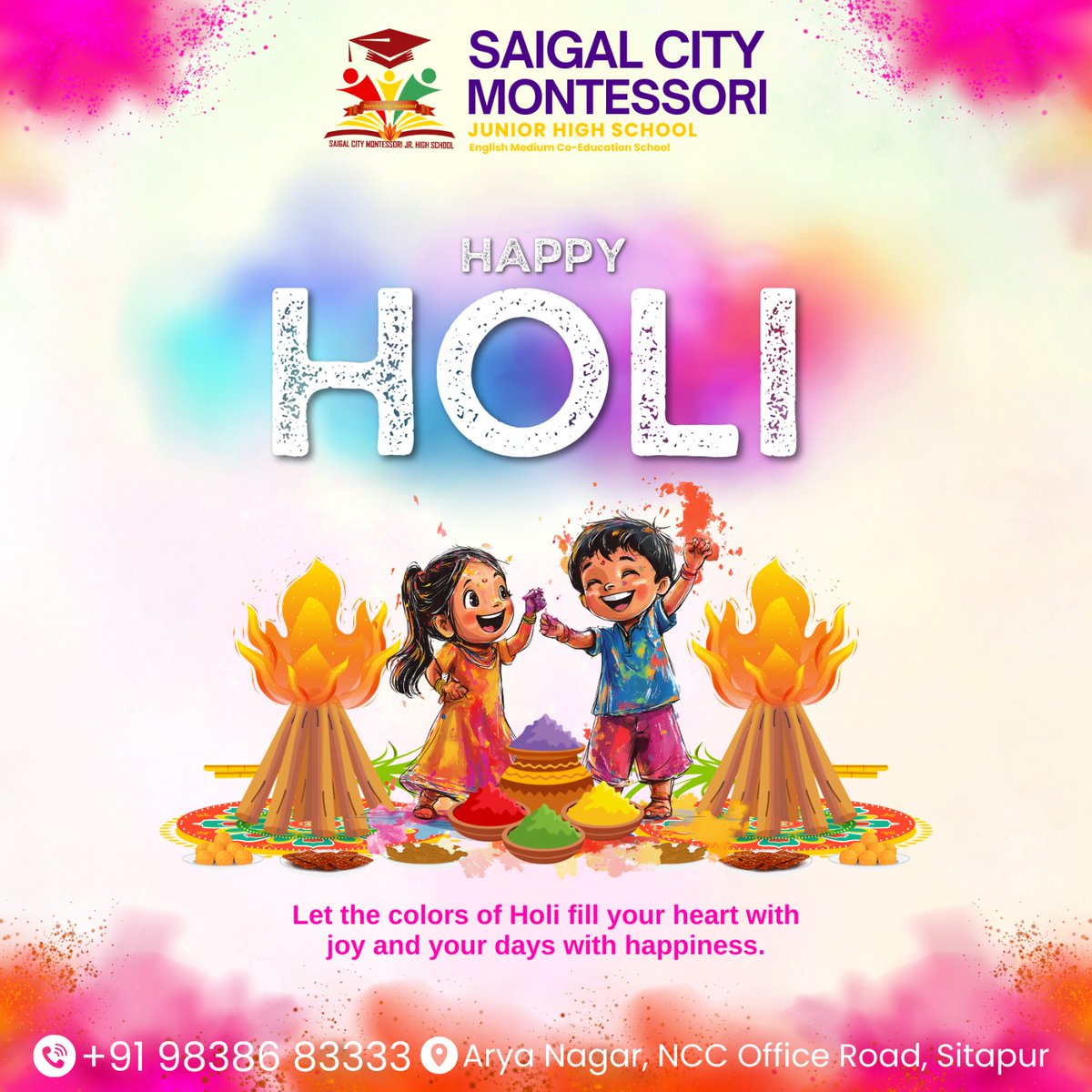 SaigalJr's tweet photo. SAIGAL CITY MONTESSORI JUNIOR HIGH SCHOOL HAPPY HOLI  Wishing everyone a safe and colorful Holi!
#SaigalCityMontessori #HappyHoli #Holi2026 #Sitapur #AryaNagar #FestivalOfColors #SchoolCelebration #JoyAndHappiness #ColorfulMoments #JuniorHighSchool https://t.co/WBjgvmJ6zt
