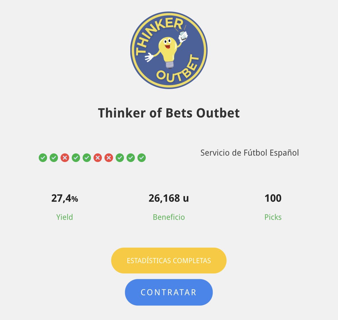 Nuestro gran momento en el 🆓 también se ve reflejado en nuestros servicios premium.

Especialmente en Thinker Outbet, en el que hemos llegado a los primeros 1️⃣0️⃣0️⃣ picks con los números que veis en la imagen. 

¡Muy contentos de cómo está funcionando nuestro nuevo servicio que