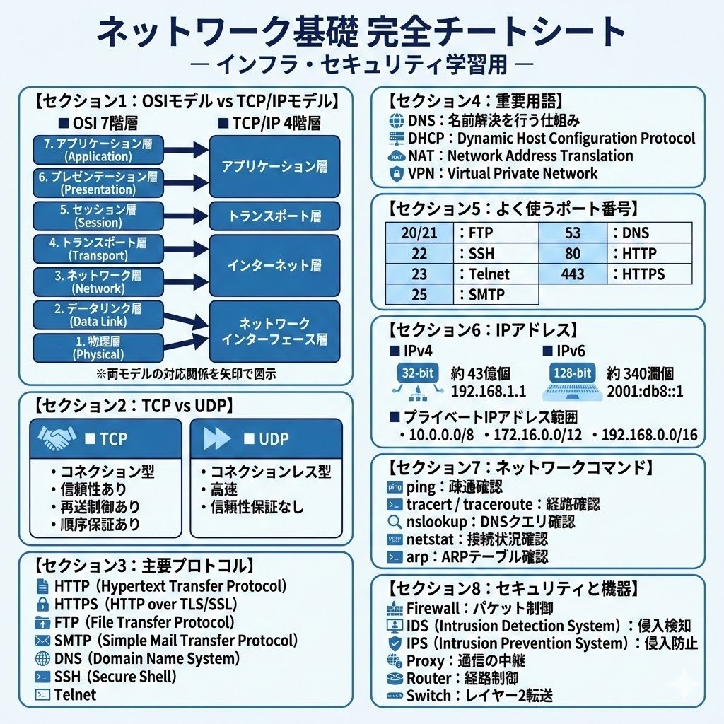 envader_plus's tweet photo. 「ネットワークの基礎、毎回ググってませんか？」 これ1枚あれば、もうタブを大量に開く必要はありません。

【ネットワーク基礎 完全チートシート】 

OSI参照モデルからTCP/UDPの違い、必須ポート番号やネットワークコマンドまで、実務で使う知識を凝縮しました。 インフラに苦手意識がある人は【保存必須】です👇

知ってるとちょっと差がつく知識💡

「pingは通るのにWebサイトが見れない！」と慌てたことありませんか？ 
pingはネットワーク層（L3）までの疎通確認なので、Webサービスの問題は検知できません。そんな時はサーバー側で netstat を使い、80や443番ポートがLISTEN状態か確認するのがトラブルシューティングの鉄則です。
