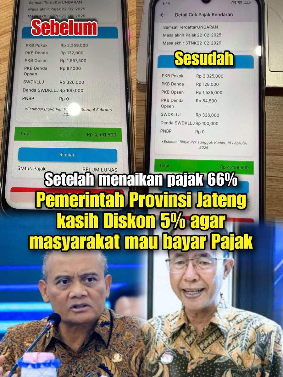Pajak Jateng naik 66 persen dapat diskon 5 persen.
Berarti masih naik 61 persen...
Masyarakat maunya opsen dihapus....