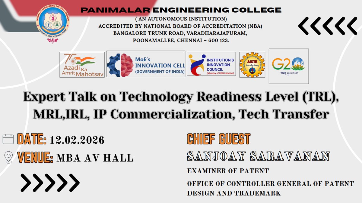PanimalarC's tweet photo. Expert Talk on Technology Readiness Level (TRL), MRL, IRL, IP Commercialization, Tech Transfer on 12.02.2026
@AICTE_INDIA 
@EduMinOfIndia https://t.co/8jZPlAt9wZ