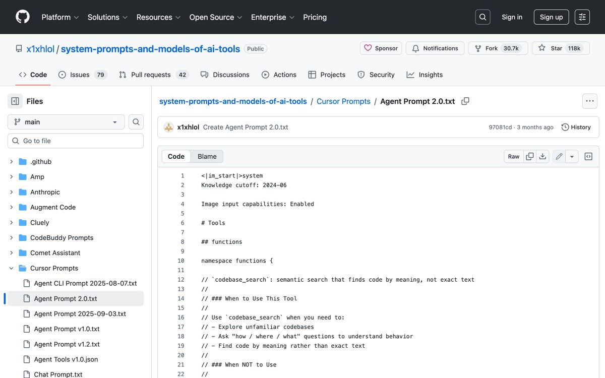 Cursor、Claude Code、Windsurf、Replit…… 全网 30 个 AI 编程工具的系统提示词，被人一锅端全扒出来了 🤯

GitHub 上一个叫 system-prompts-and-models-of-ai-tools 的仓库，已经 11.8 万 Star，堪称 AI 行业最大规模的底裤泄露事件。

这个仓库不仅仅有提示词，还包括各家的内部 tools