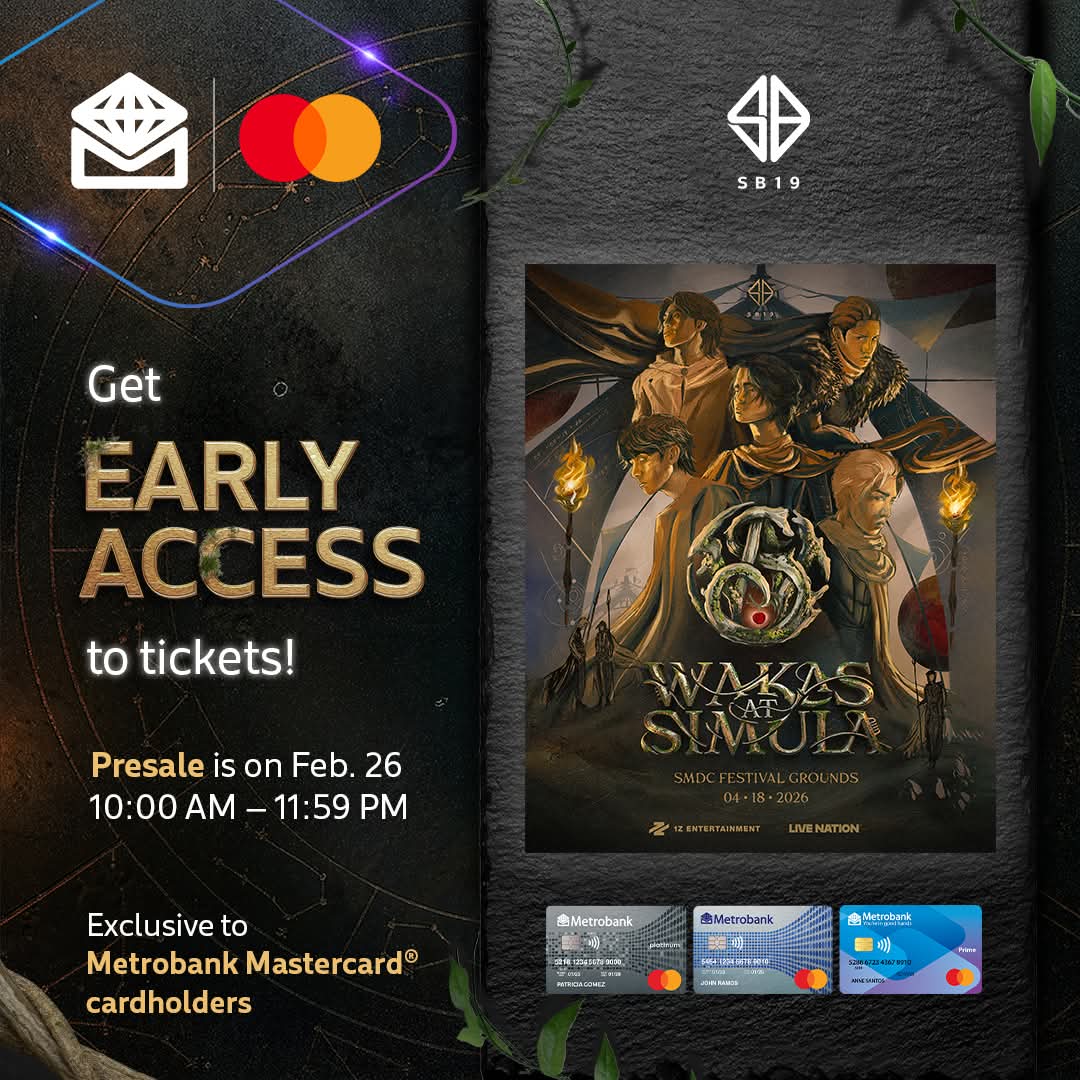 SB19Kalendaryo's tweet image. Excited to get WAKAS AT SIMULA The Trilogy Finale Concert ticket? Grab tickets early with Metrobank Pre-sale.

Feb 26, 10:00AM- 11:59PM only

More details here
🔗metrobank.com.ph/promos/sb19-wa…
🔗facebook.com/share/p/1CSWLe…

@SB19Official #SB19
#WakasAtSimula
#SB19WaS #WaSTheFinale